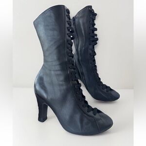 Rochas Victorian Equestrian Style Lace High Heel Leather Boots Shoes Size 37